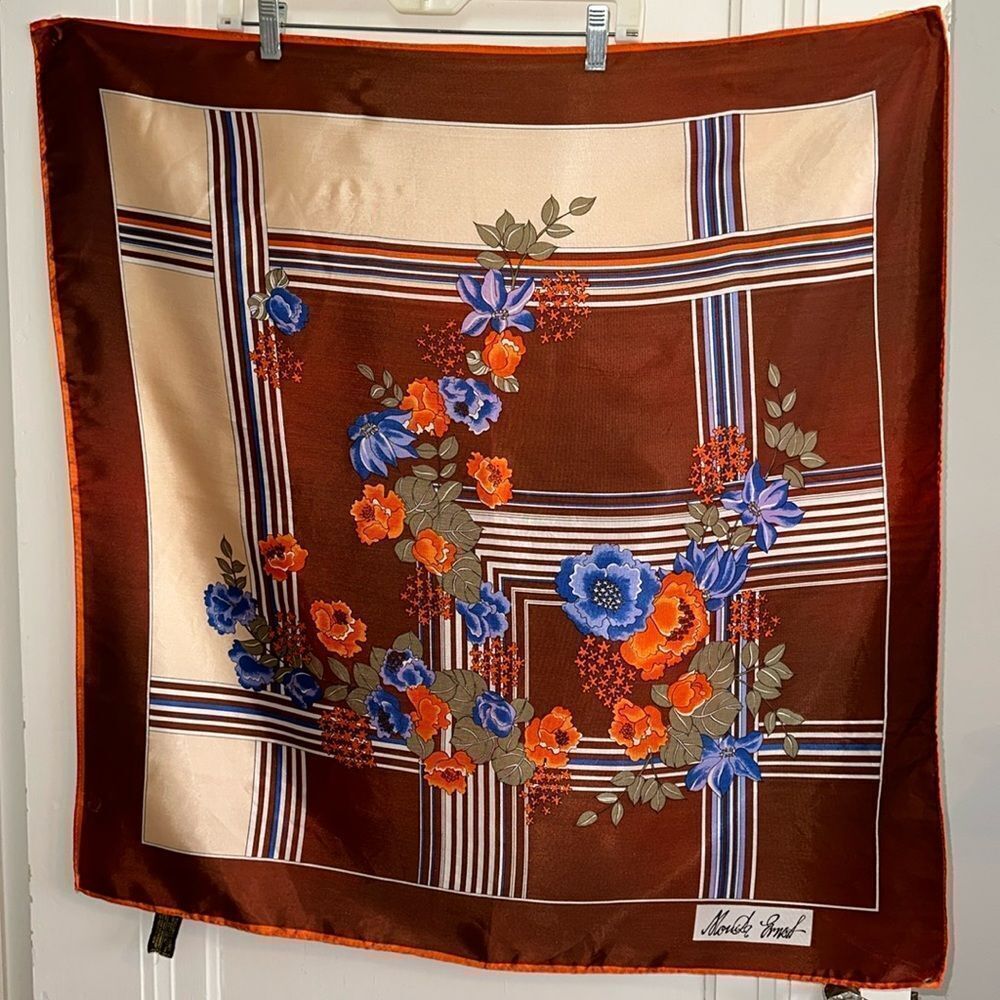 Vintage 70s very large Monika Ernst brown, orange & blue  floral‎ acetate scarf
